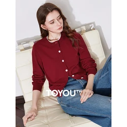 TOYOUTH Women Knitwear 2025 Spring New Contrast Color Round Neck Single Breasted Button Cardigan Sweater Ankola Red