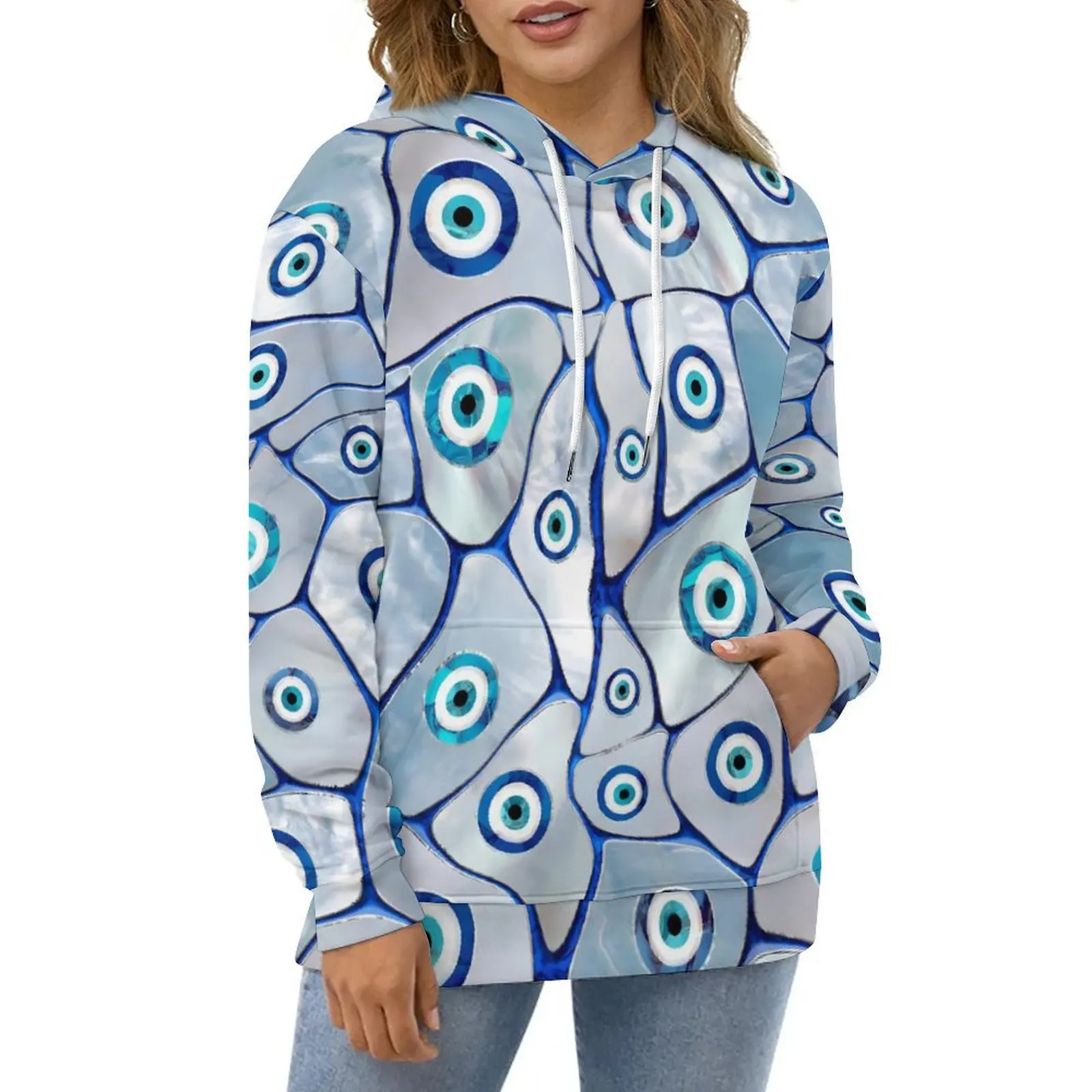 Evil Eye Hoodies Long-Sleeve Mother of Pearl Trendy Casual Hoodie Winter Street Wear Oversized Design Loose Hooded Sweatshirts