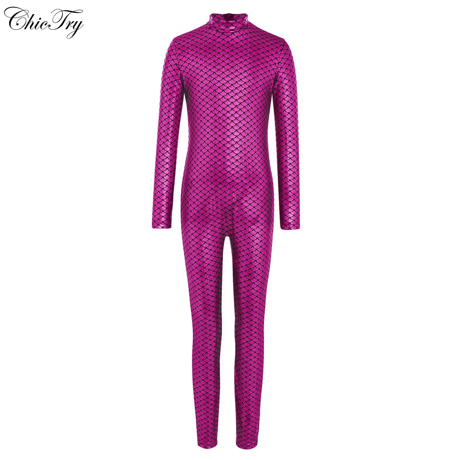 

Kids Girls Metallic Leotard Dance Mermaid Fish-scale Print Costume Long Sleeve Leggings Jumpsuit Gymnastic Full-body Bodysuits