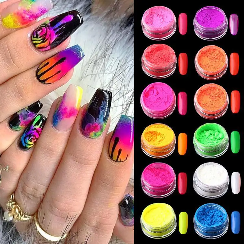 12pcs/set Colorful Professional Gel Polish Smooth Acrylic Powder Manicure Diy Fluorescent Neon Pigment Powder Nails Decorations