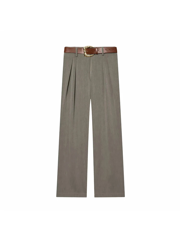 กางเกงขายาวลำลองทรงขากว้างสำหรับผู้หญิง ประดับจีบตกแต่ง พร้อมเข็มขัดคุณภาพดี เนื้อผ้านุ่มสบาย