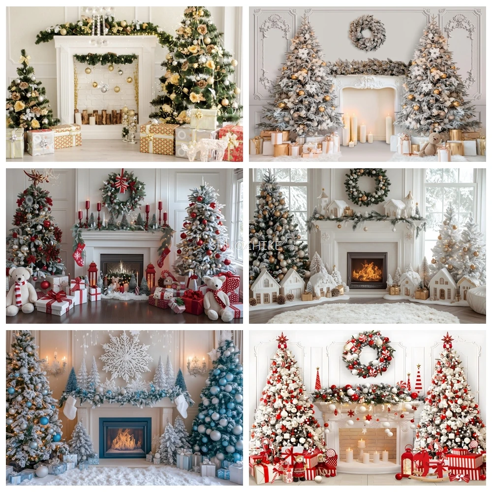 

Christmas Fireplace Theme Backdrop for Photography Xmas Tree Gift Toys Baby Portrait Room Decor Festival Party Photo Background