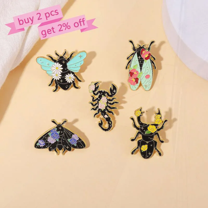 Scorpion Pines Lapel Badges Funny Jewelry Gift for Kids Friends Floral Insects Enamel  Brooch Custom Nature Moth Cicada