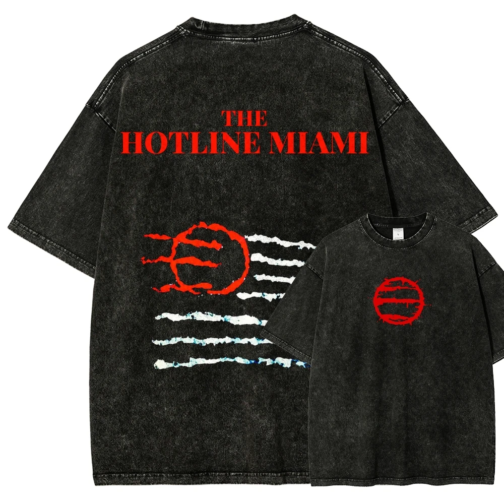 HOTLINE MIAMI Washed T-shirt Men's Women Vintage Loose Oversized Unisex Retro Fashion Streetwear Trendy Cotton Short Comfortable
