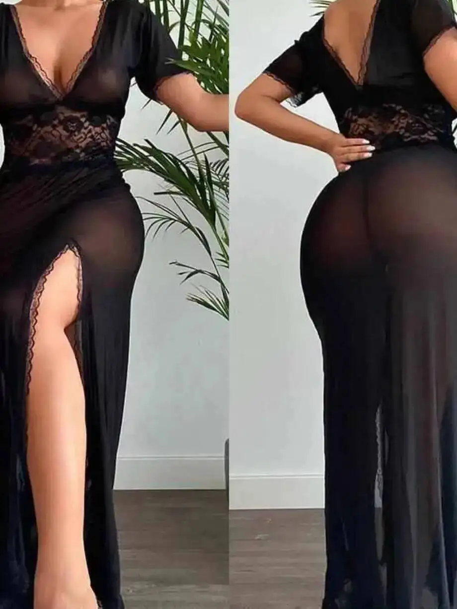 فستان نسائي طويل شبكي بأكمام قصيرة بتصميم كاجوال من Pure Desire فستان شفاف عميق على شكل حرف V بلون سادة أنيق وساحر BZFE