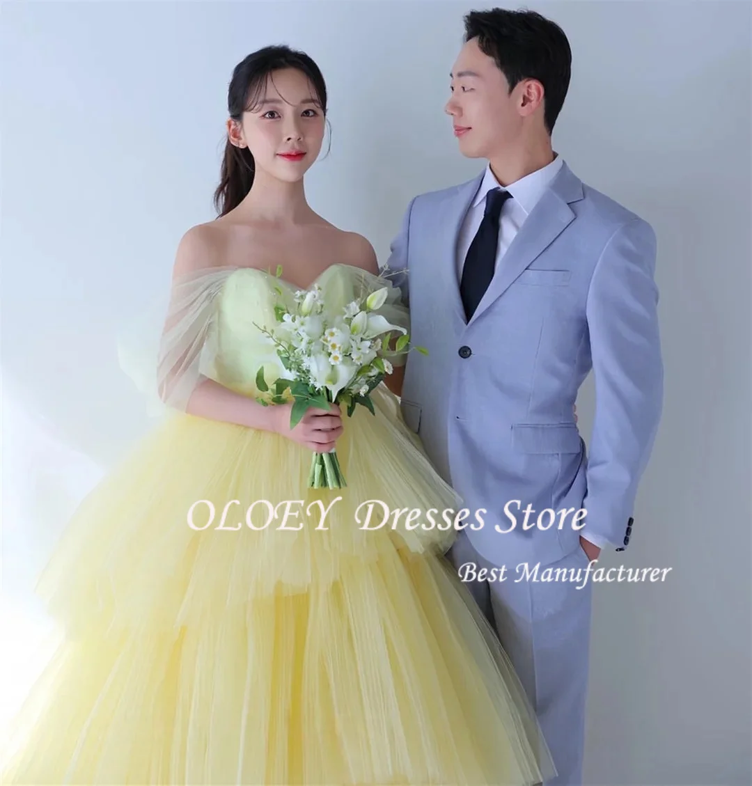 OLOEY Korea A-Line Yellow Sweetheart Tulle Tiered Short Sleeves Evening Dress Customized Formal Prom Dress Simple 웨딩드레스
