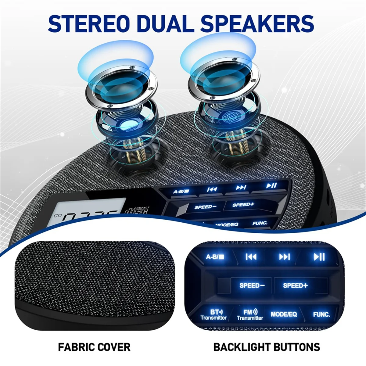 

M85K New CD Player Portable, Rechargeable CD Player with Dual Speakers and Anti Skip,CD,Dual Bluetooth,FM Transmission,USB,AUX