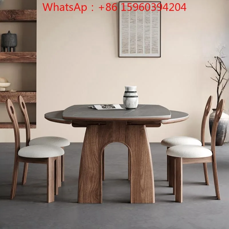 French retro folding round table household antique retractable solid wood rock slab square and round dual-purpose table chair