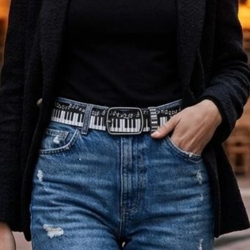 Piano Key-Style Belt - Unisex Retro Piano Key Design Fashionable Harajuku Style Cyberpunk Square Buckle Jeans Belt Accessory