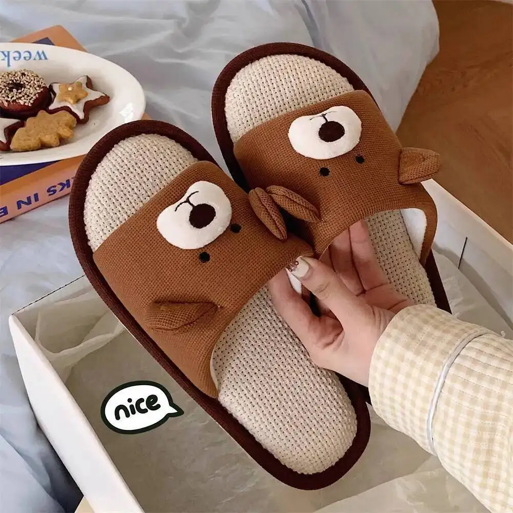 

Cute Bear Slippers Women's Brown Bear Linen Slippers Cute Home Sweat Four Season Versatile Shoes For Air Conditioned Rooms