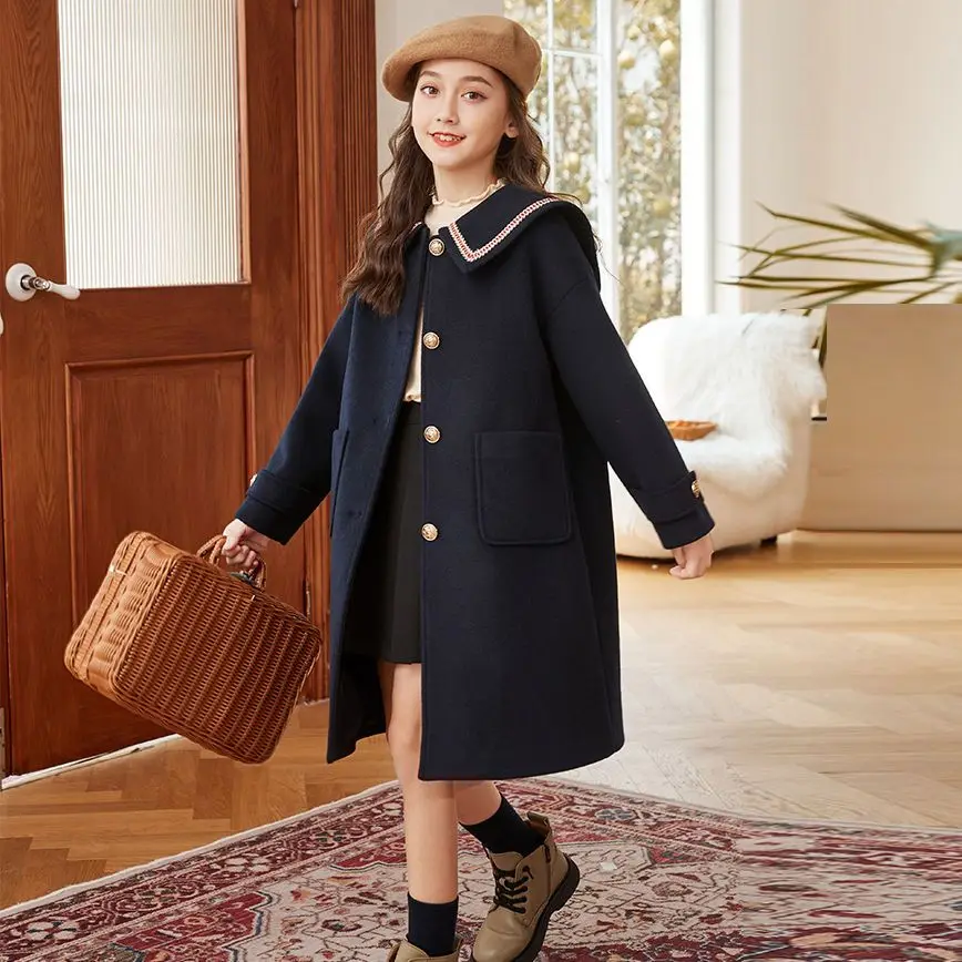 

Kids Winter Wool Blend Coats Vintage Fashion Teen Girls Long Jackets Warm Outerwear Thick Jacket Child 7 8 10 12 Years Old S77