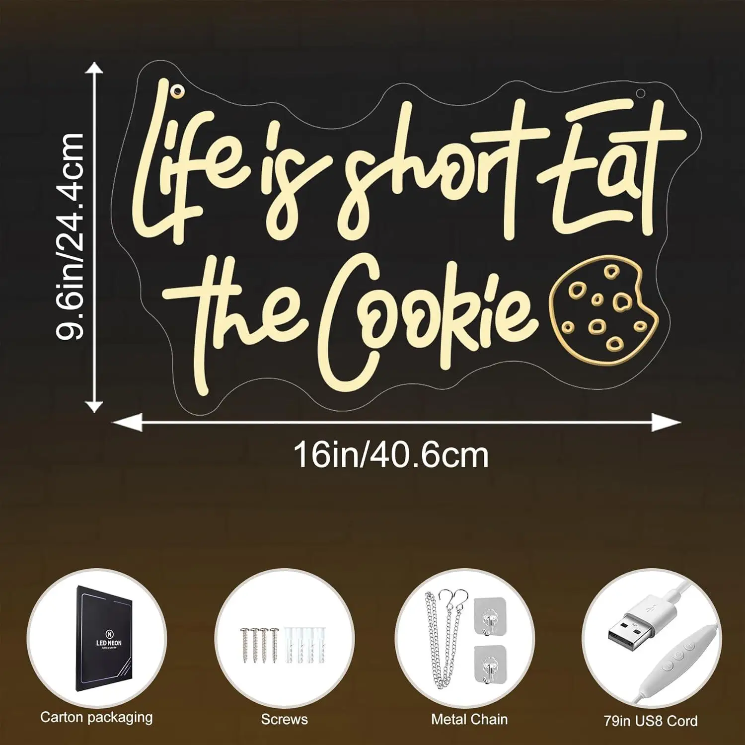 Life Is Short Eat The Cookie Neon Sign LED Light for Cookie Shop Bakery Dessert Cafe Kitchen Pastry Bar Window Display Decor