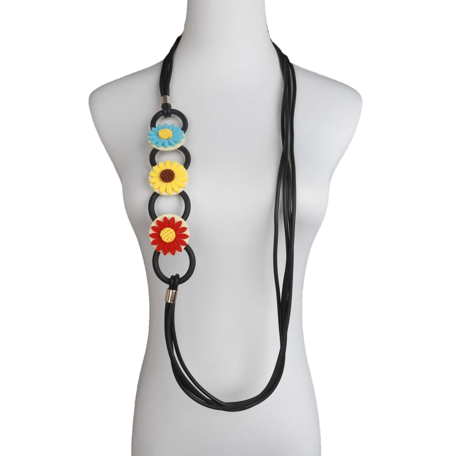 New Gothic Punk Style Handmade Geometric Colorful Flower Design Black Rubber Chain Bohemian Style Jewelry Women Long Necklace