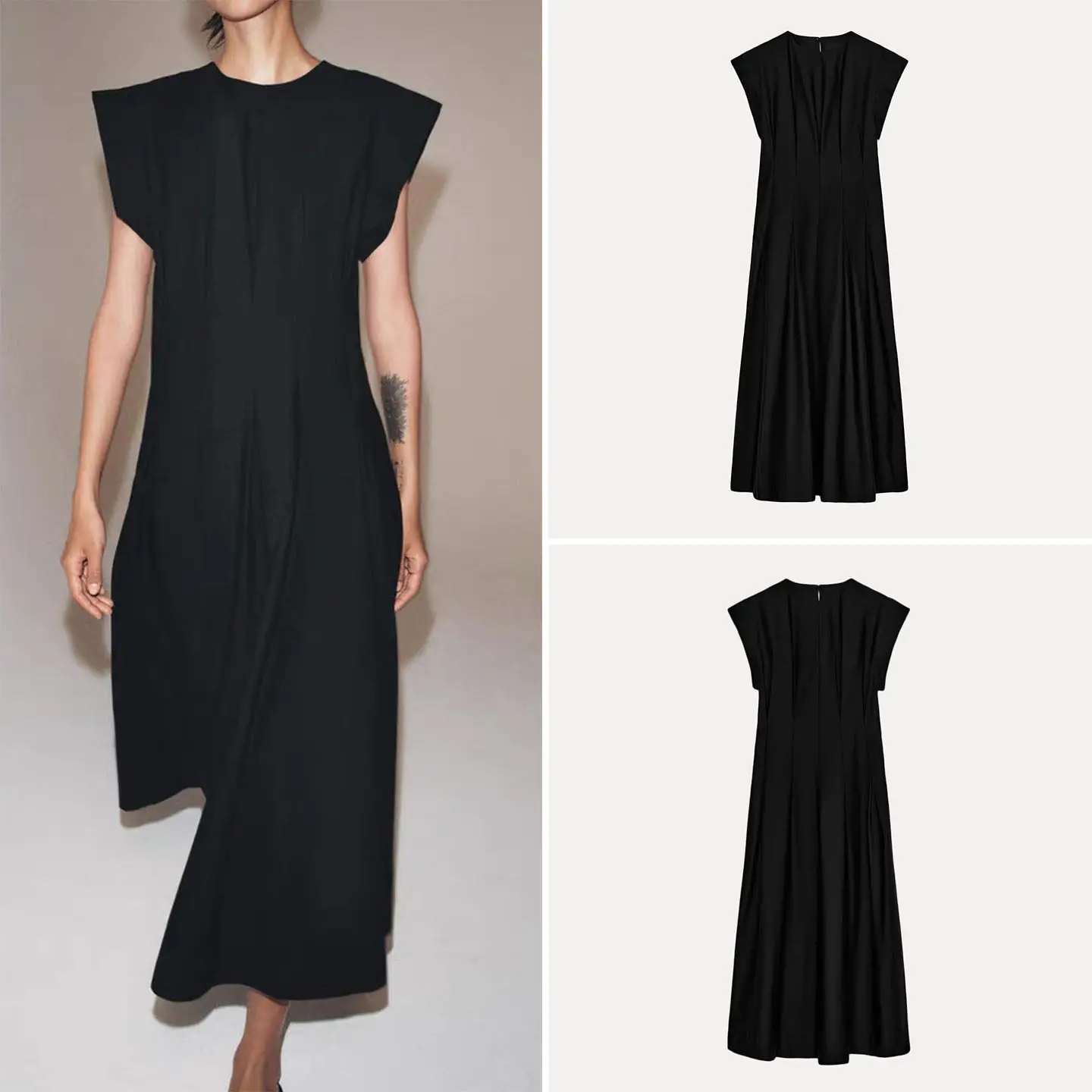Fashionable Short Sleeve round Neck Pleated Dress Women's Spring 2026 ZADATA A-Line Dress Casual Style Aesthetic Pleating