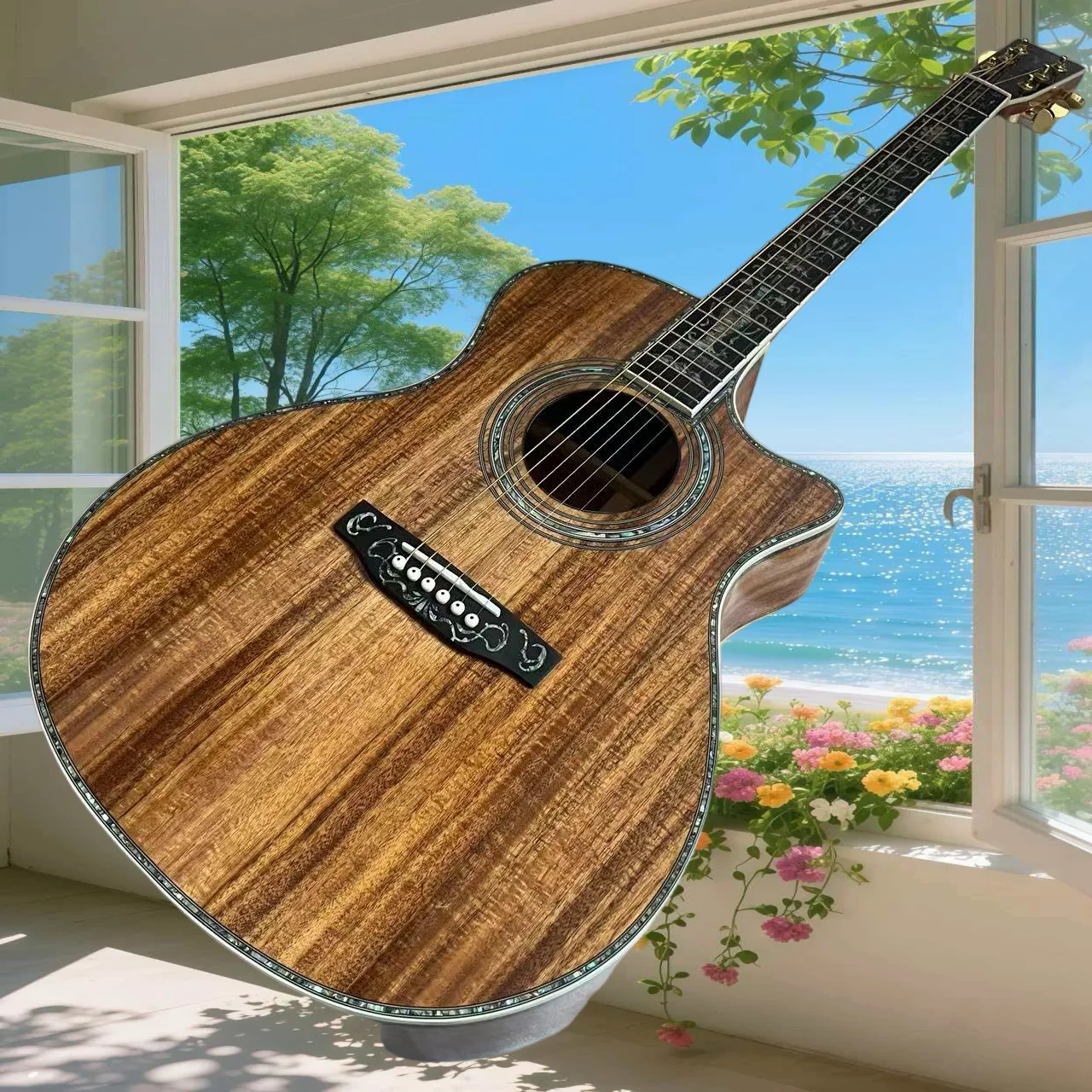 

Acoustic Guitar OM Style Solid Top Full Koa Body Abalone Shell Inlay Luxury Large Vase Neck High Sound Quality Free Shipping