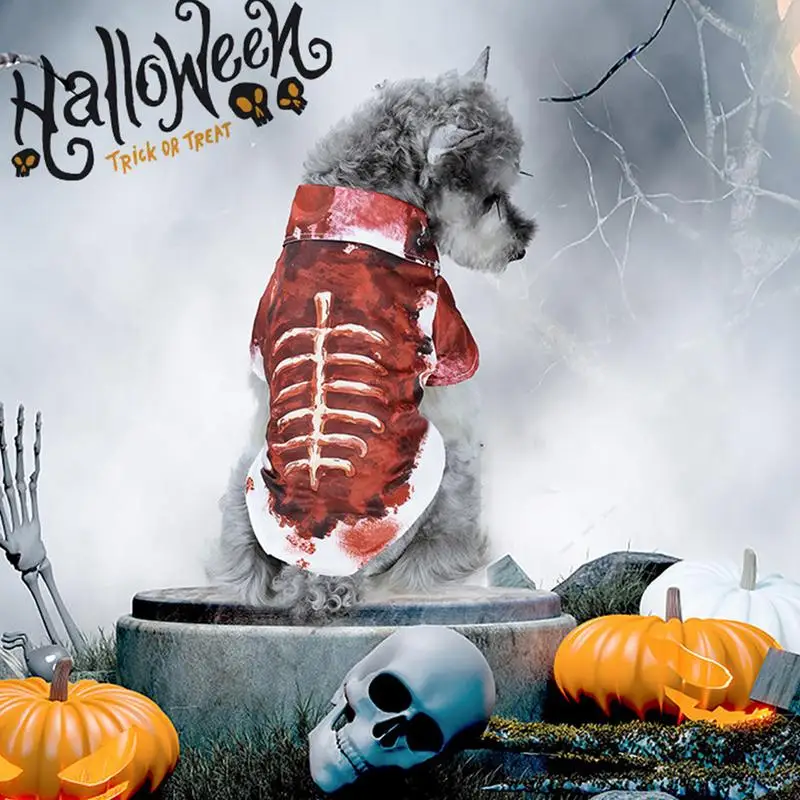 Cat Halloween Costumes Kitten Clothes Blood Shirt Printed Pet Dog Clothes Bloody Skeleton Clothes Dress Up For Small Medium