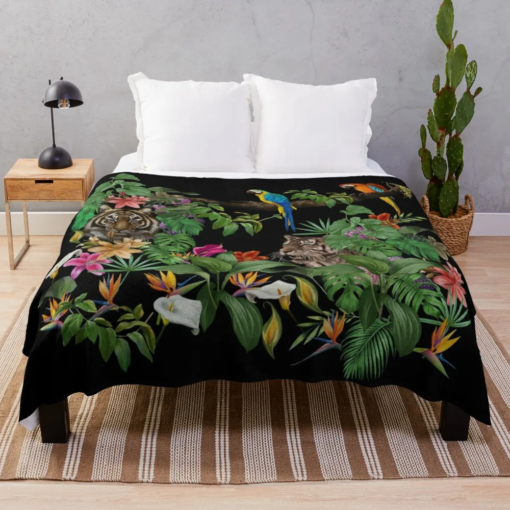 Jungle pattern.Leopard and parrot ,tropical leaves and flowers.Dark exotic forest. Throw Blanket Kid'S Blanket