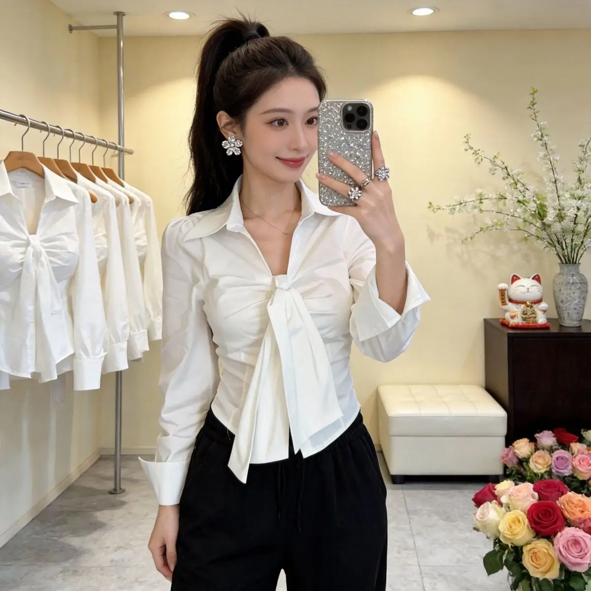 

Elegant V-Neck Shirt Women's Slim Fit Long Sleeve Waist-Cinching Belted Knot Top Spring Autumn Fashion Casual Wear