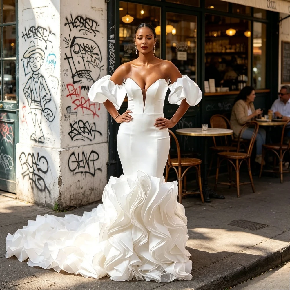 Customized African Deep V-neck Sexy Bubble Sleeve Wedding Dresses Mermaid 2026 Layered Ruffle Edge Trailing Bridal Gift Style
