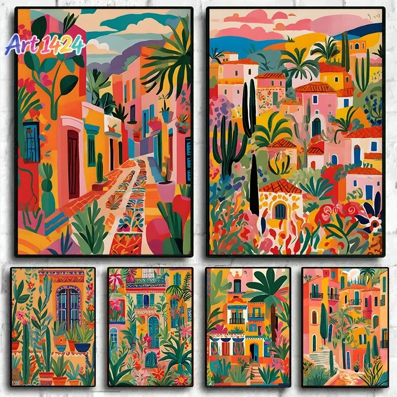 1pc frameless canvas painting Vibrant Mexican Building Poster Colorful Floral Botanical Landscape Canvas Prints Paintin