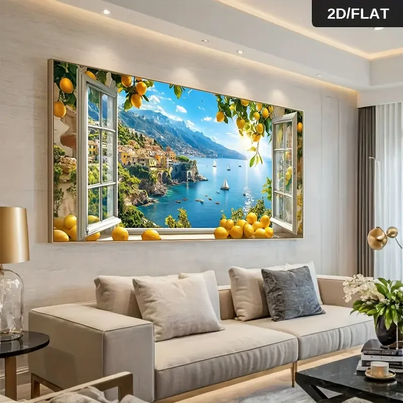 Frameless modern abstract seaside lemon tree decorative painting poster, lemon tree and sailboat, living room bedroom decoration