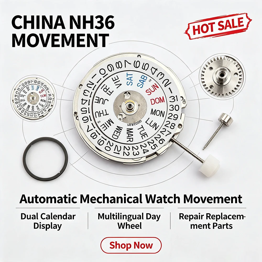China NH36/NH35 Automatisches Mechanisches Uhrwerk mit Doppelkalender, Ersatzteile für Uhren-Modifikation und DIY-Montage