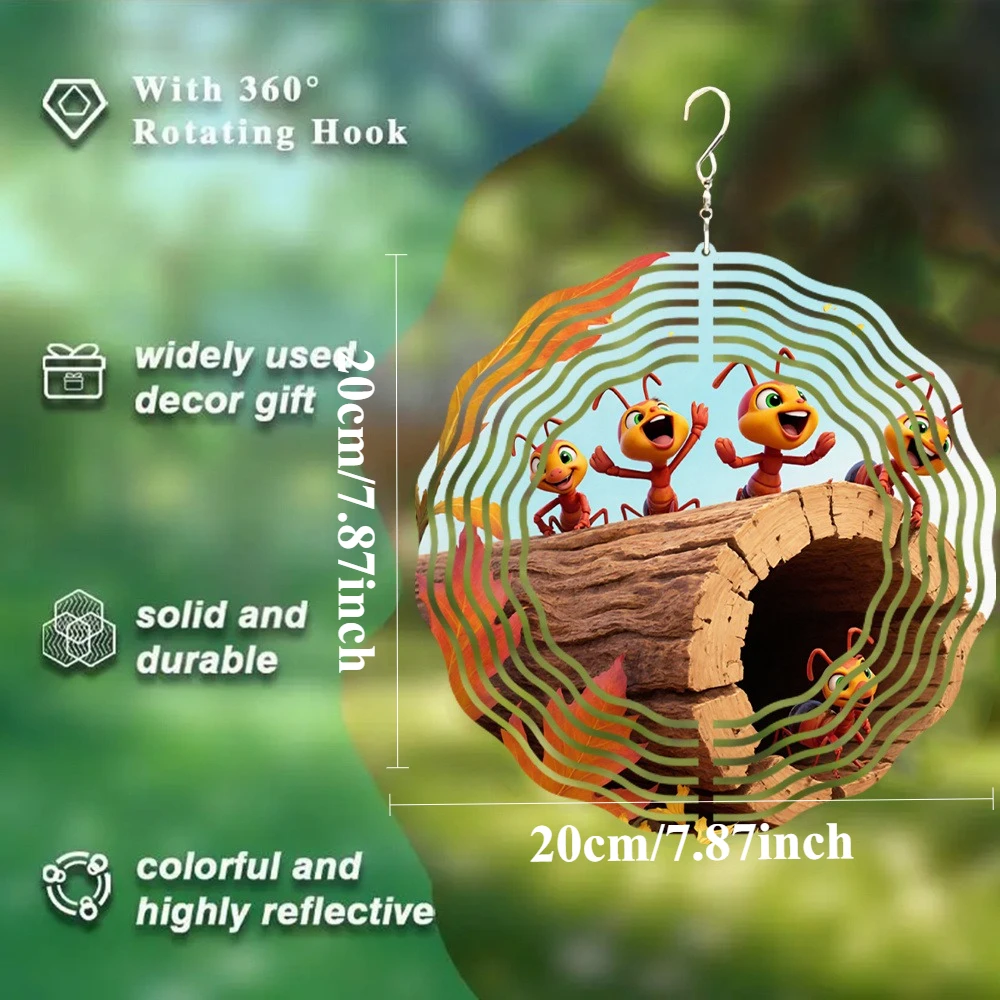 3D 1pc Autumn Five Happy Ants Wind Chimes, Warm Cartoon Style, Metal 3D Rotating Wind Chimes, Equipped with 360° Rotating Hooks