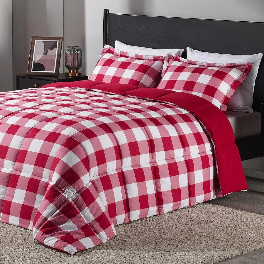 

King Size Lightweight Plaid Comforter Set with 2 Pillow Shams - Red/White Plaid Down Alternative Reversible 3-Piece Set