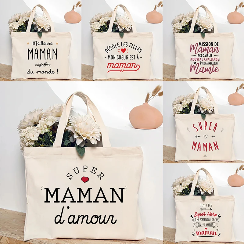 French Handwritten Mother Praise Design Tote Bag for Mom Heart Accents Shopping Bag Perfect Gift Mother's Day Travel Essential