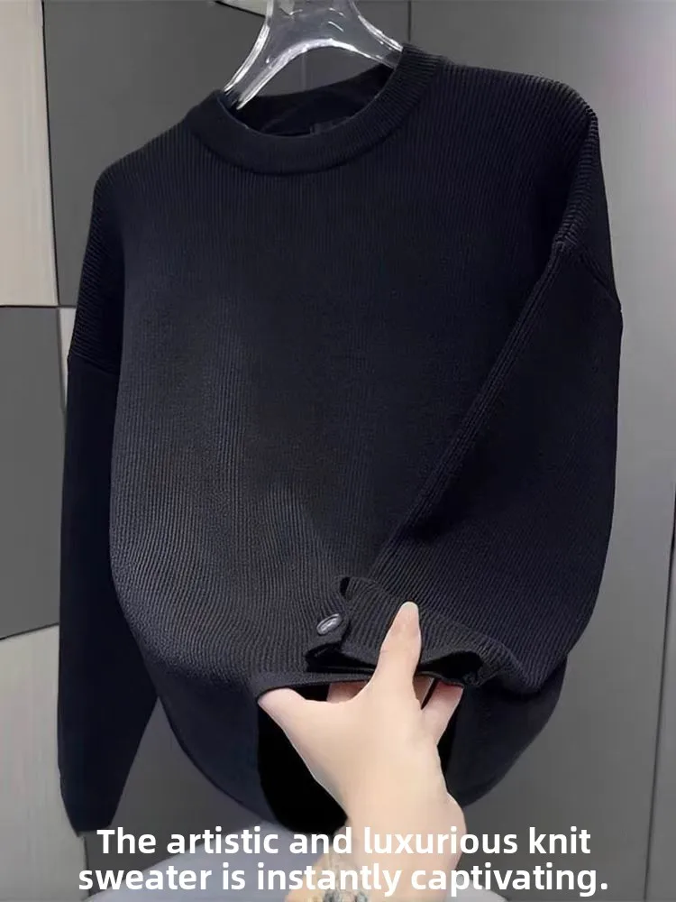 

Осенне-зимний новый мужской свитер с круглым вырезом, простой и роскошный, с дизайнерскими пуговицами, модный однотонный вязаный джемпер