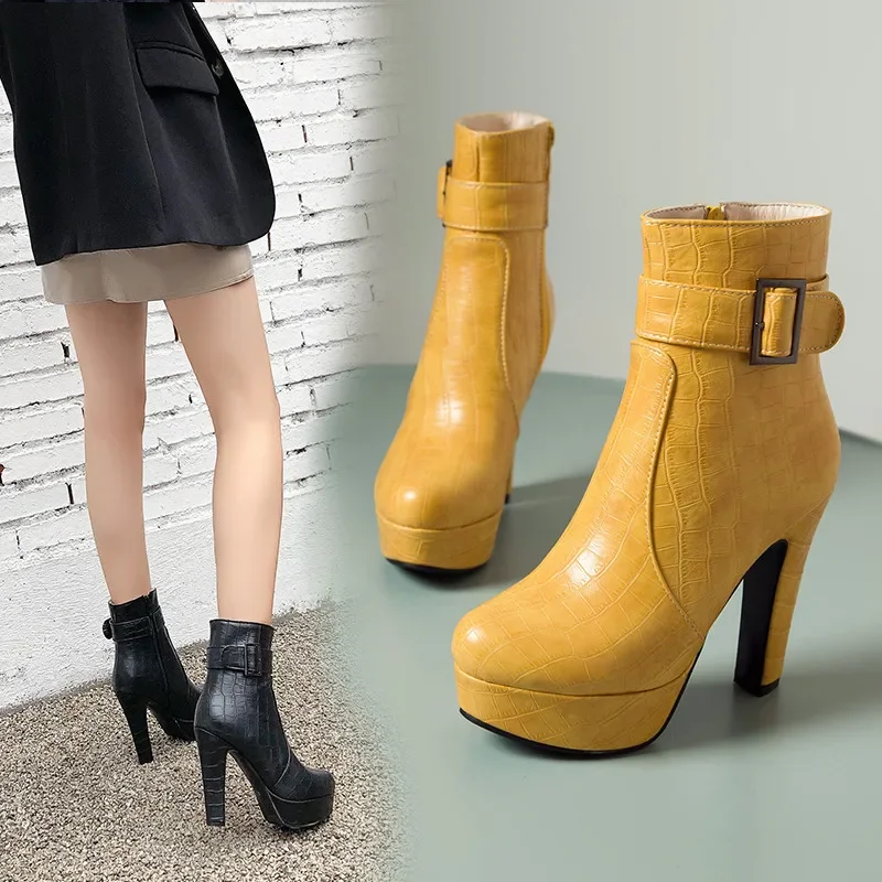 

YMECHIC 2025 Winter 11CM High Heels Platform Ankle Boots Ladies Stone Pattern Round Toe Waisted Short Shoes for Women Plus Size