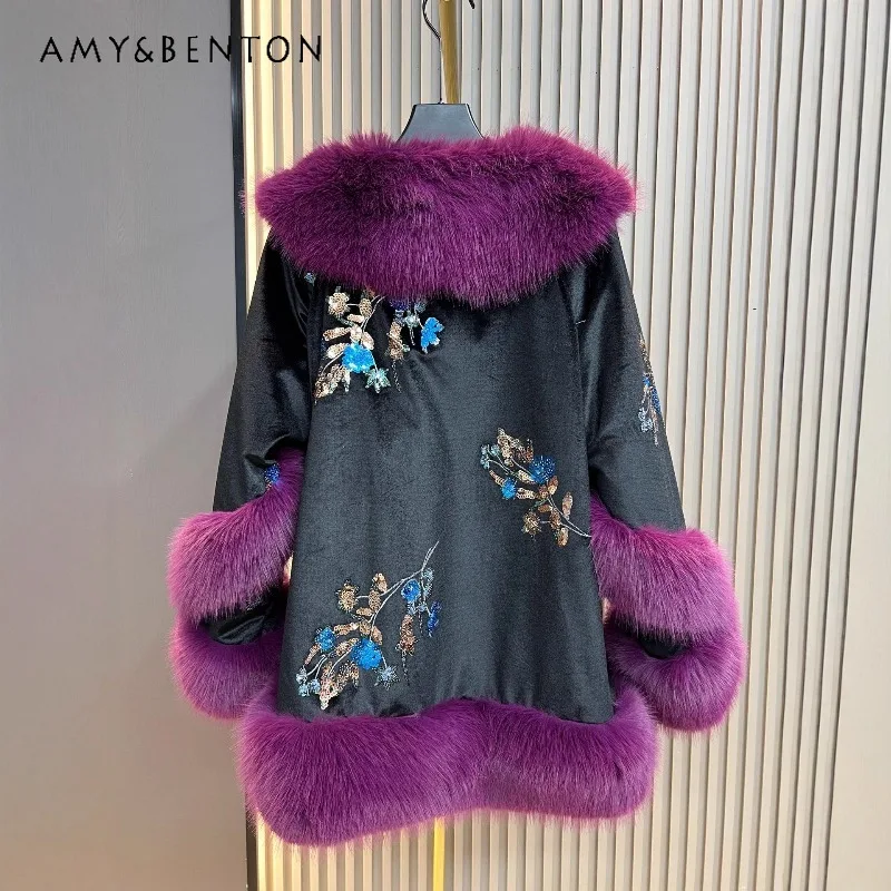 

Autumn Winter 2025 Fashion Heavy Industry Furry Overcoat Sequin Thickened Warm Coat Women's Faux Fox Fur Top Comfortable Jacket