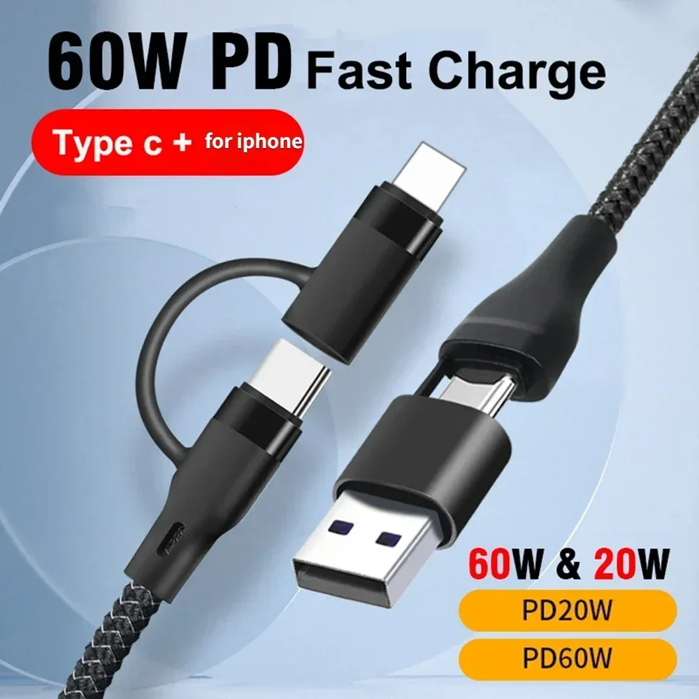 TKUKOS PD 60W 4 In 1 Quick Charging Data Cable Type C Lighting Micro USB Cable For iPhone iPad Huawei Xiaomi Samsung 1m wire