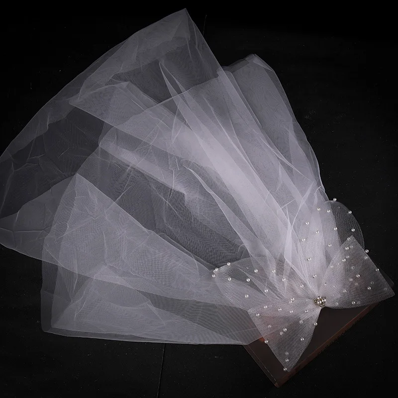 Ivory Tulle Bridal Veil with Bow Short Wedding veils White Mesh Headpiece Bride Short Veil Back Head Decor Hair Accessories image 5