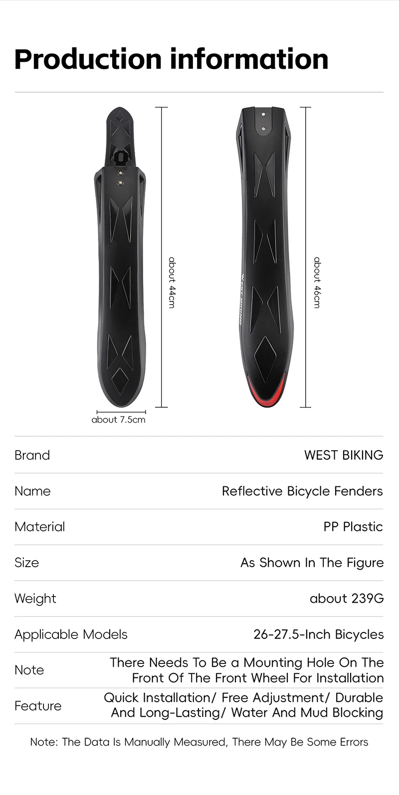 WEST BIKING Verlängerte Fahrrad-Schutzbleche Reflektierende Schutzbleche für 26-27,5 Zoll Mountainbikes Regen- und Nachtfahrten Langlebiger PP-Kunststoff – Detail 3