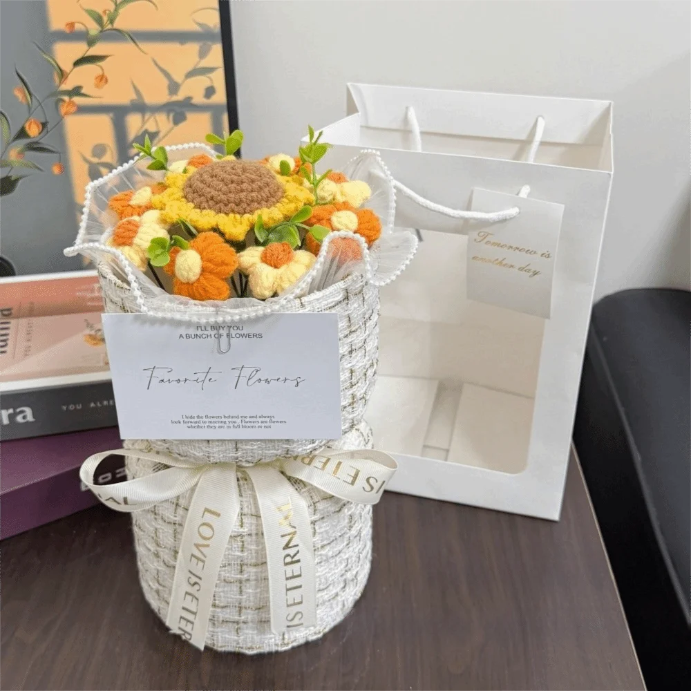 

with Light Crochet Flowers Bouquet Gift Wedding Decor Puff Flower Bouquet Handmade Home Decoration Knitted Flower Bouquet