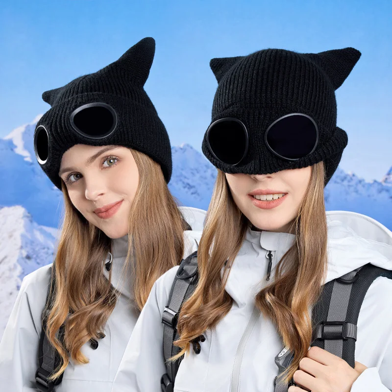 Winter Cat Ear Knitted Hat with Goggles Women Warm Plush Riding Cap Outdoor Windproof Ski Headgear Ear Protection Woolen Beanies