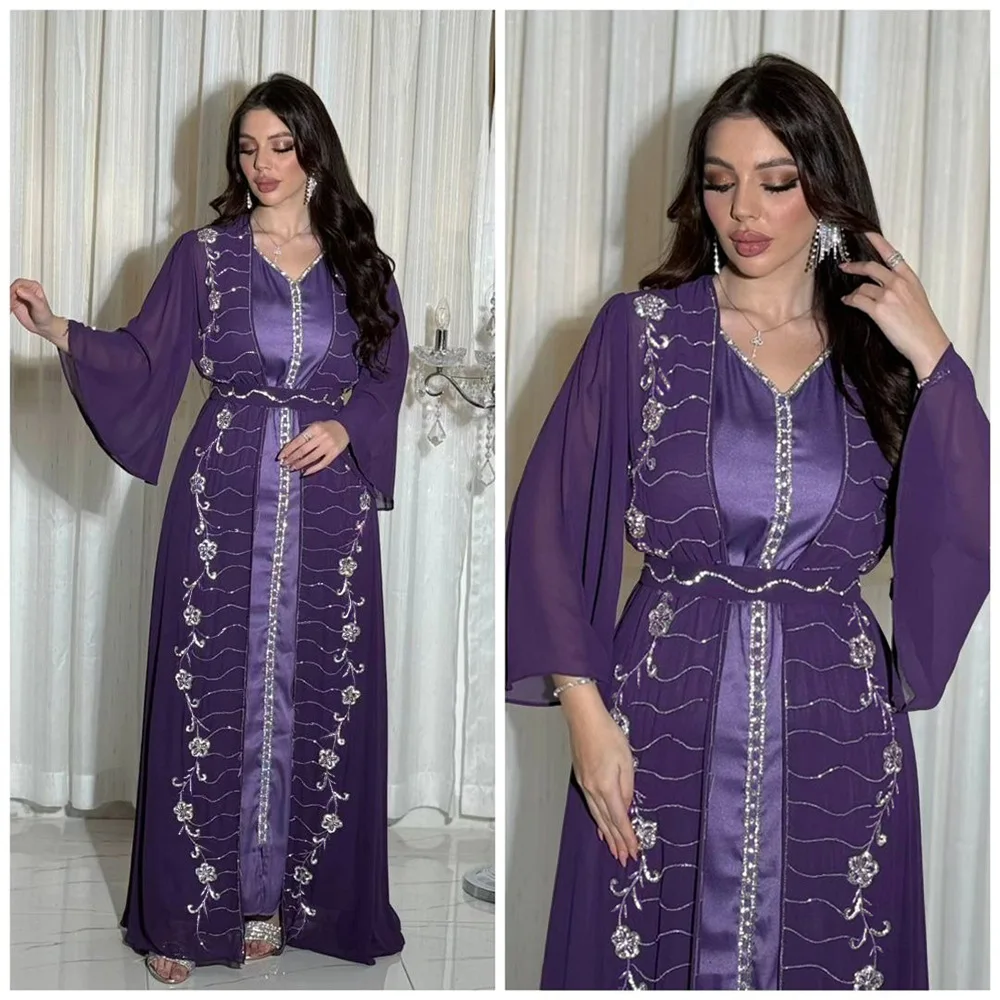 2PCS Luxury Diamonds CHiffon Abayas For Women Muslim Matching Set Islamic Clothing Marocain Kaftan Dubai Turkey Kimono Jalabiya