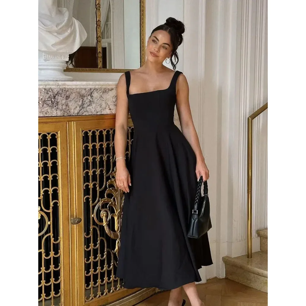 

Elegant Solid Square Neck Cocktail Dress Sleeveless Evening Dress Women Maxi Dress Sexy Backless Slim High Waist Pleated A-line