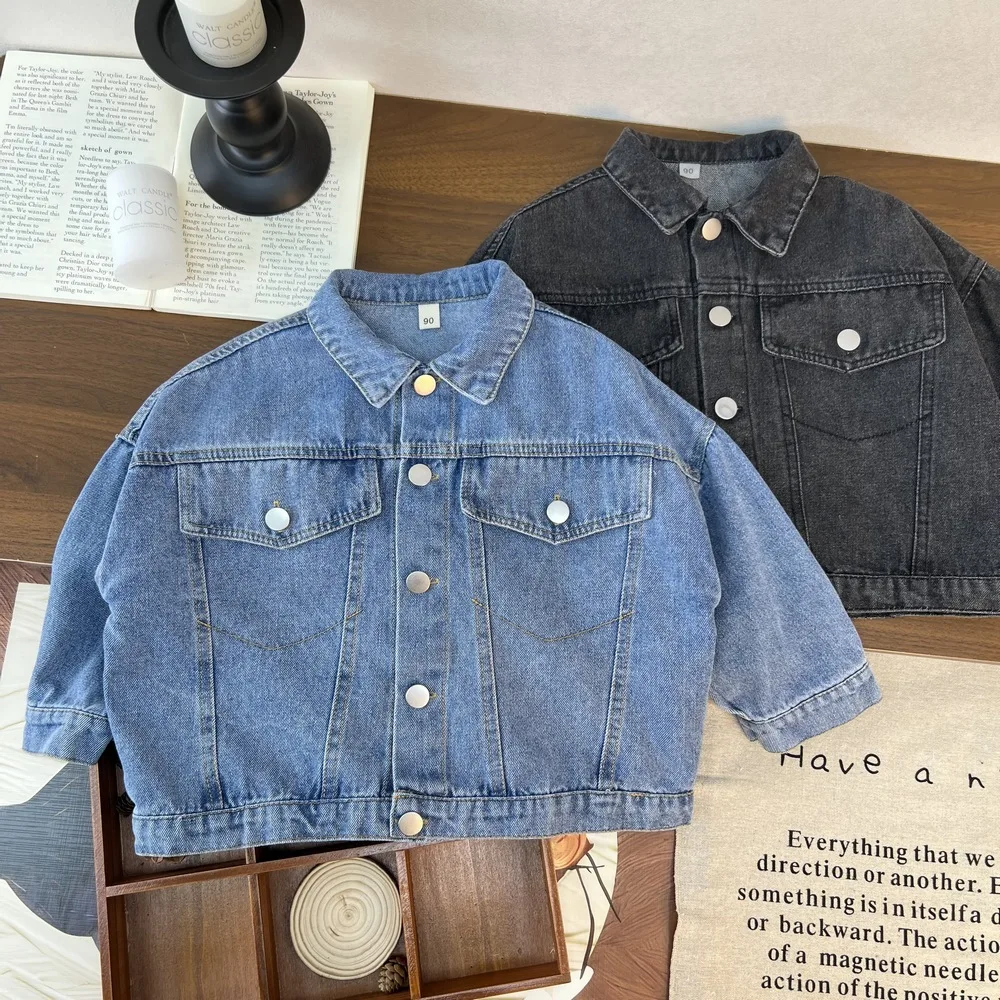

Новая весенняя коллекция 2026: Детская повседневная джинсовая куртка для мальчиков и девочек, с отложным воротником, с длинным рукавом, модная детская одежда