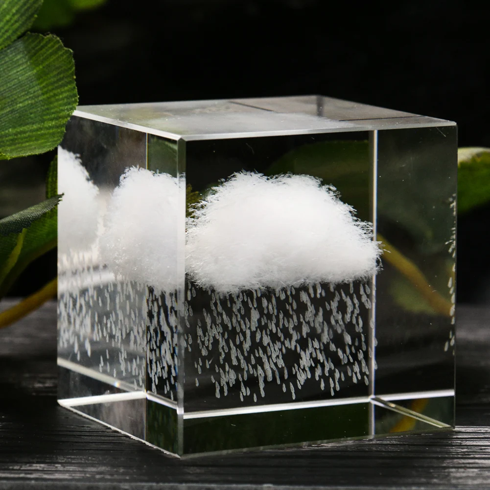 Laser Engraving Dark Clouds Rain Weather Geometry Cube Glass Crystal Crafts Sun Catcher Desk Paperweight Display Stand Figurine