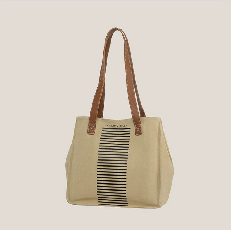 Womens Tote Canvas Shoudler Bag Female Letter Striped Casual Bag for Work Fashion Hand Bag