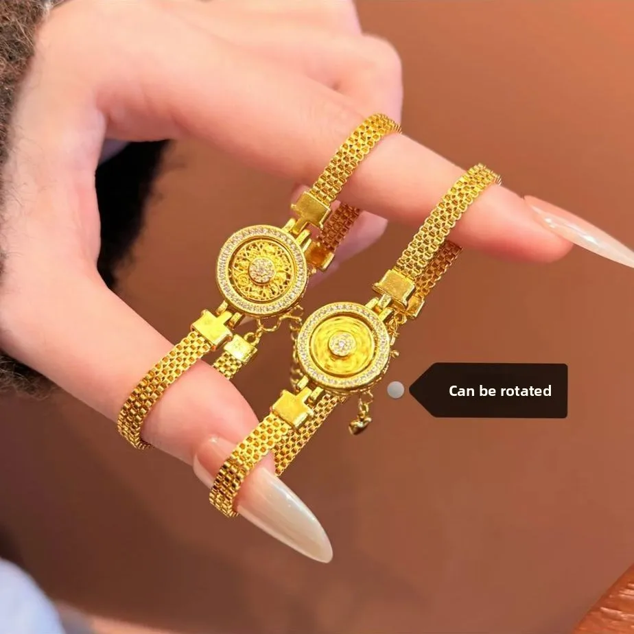 Chinese Style Lucky Rotatable Eight Treasures Compass Gold Plated Bracelet For Women Sparkling Cz Inlaid Fortune Blessing Good