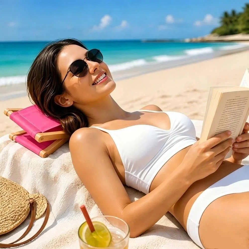Compact Folding Wooden Beach Pillow UV Resistant Adjustable Height Canvas Lounge Headrest Sunbathing Ergonomic
