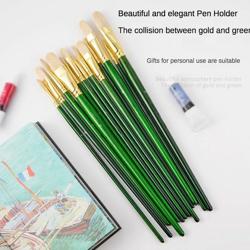 

6 Pcs Pig Bristle Green Long Birch Wood Rod Set Oil Painting Brush Hazelnut Shaped Hard Hair Acrylic Acid Brush Art Supplies