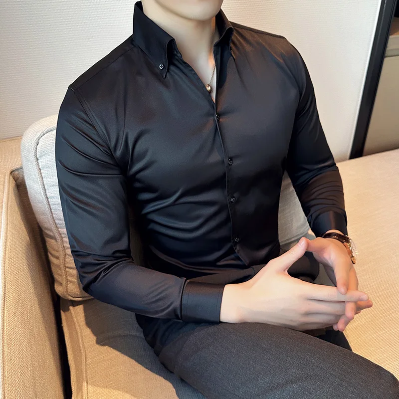 Korean Black White High Quality Solid Color Long Sleeve Shirt Men Business Slim Fit Casual Shirts Formal Office Social Party Top