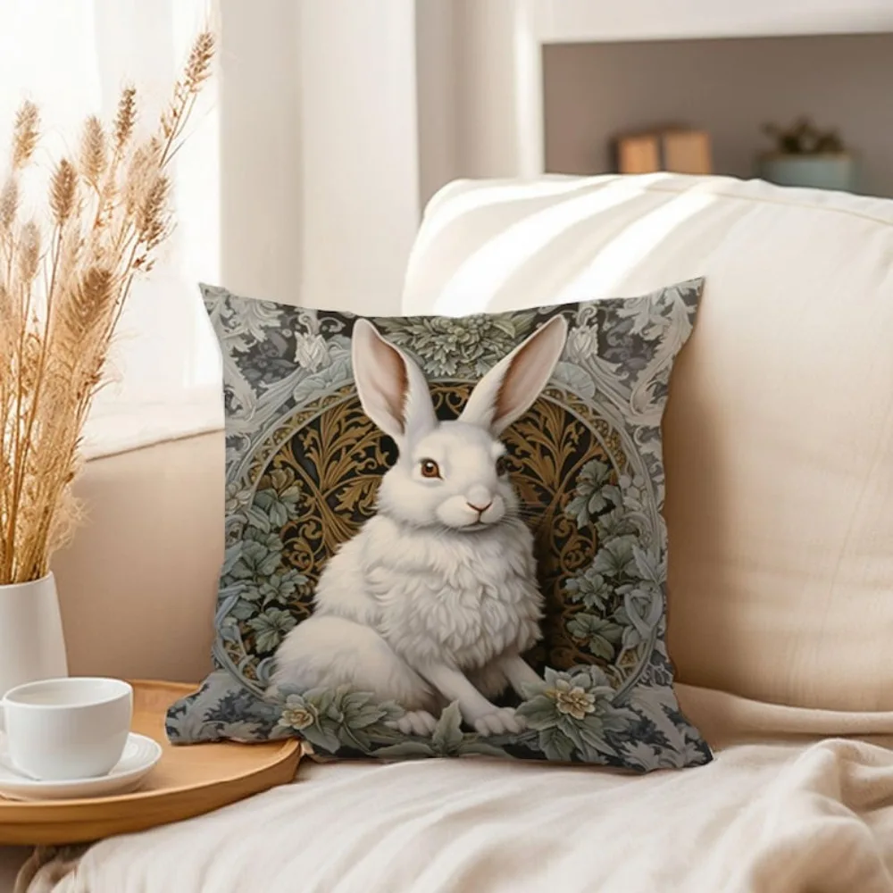 1 White Bunny Ornate Frame Easter Pillowcase 2D Double Print Luxe Decorative Durable Soft Cushion Cover Home Bedroom Living Room