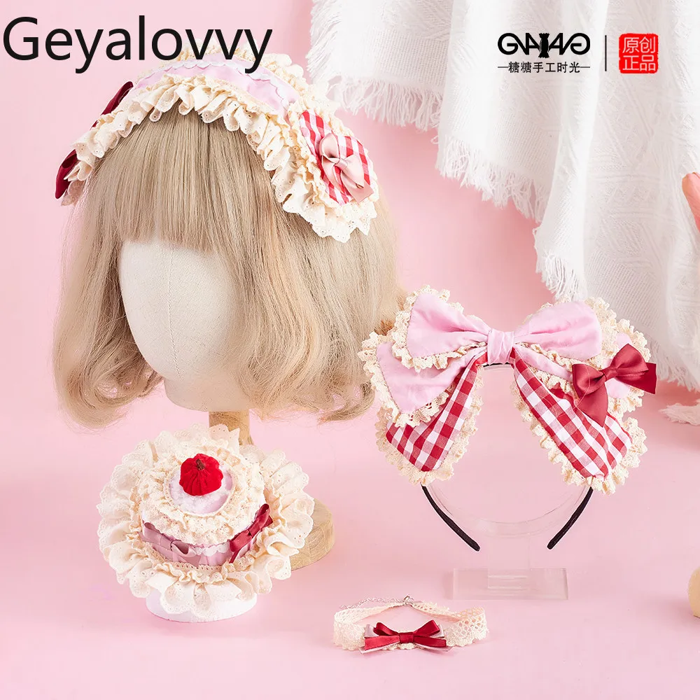 

Original Lolita Handmade Light Pink Top Hat Lace Trim Hairband Japanese Sweet Cute Girls Versatile Bow Hair Accessories