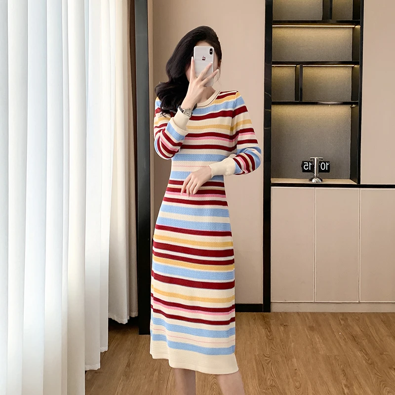 Women Clothing Fashion Striped Elegant Dresses Autumn Winter Vintage Commute Comfortable Elasticity Wool Knitted Dress