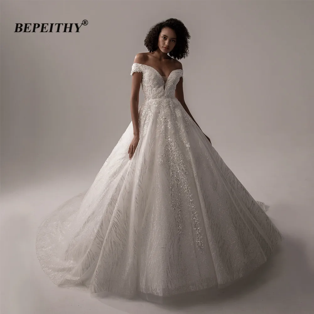 

BEPEITHY Customized Off The Shoulder Glitter Wedding Dresses For Women 2022 Dubai Bridal Dress Luxury Ball Gown For Bride New